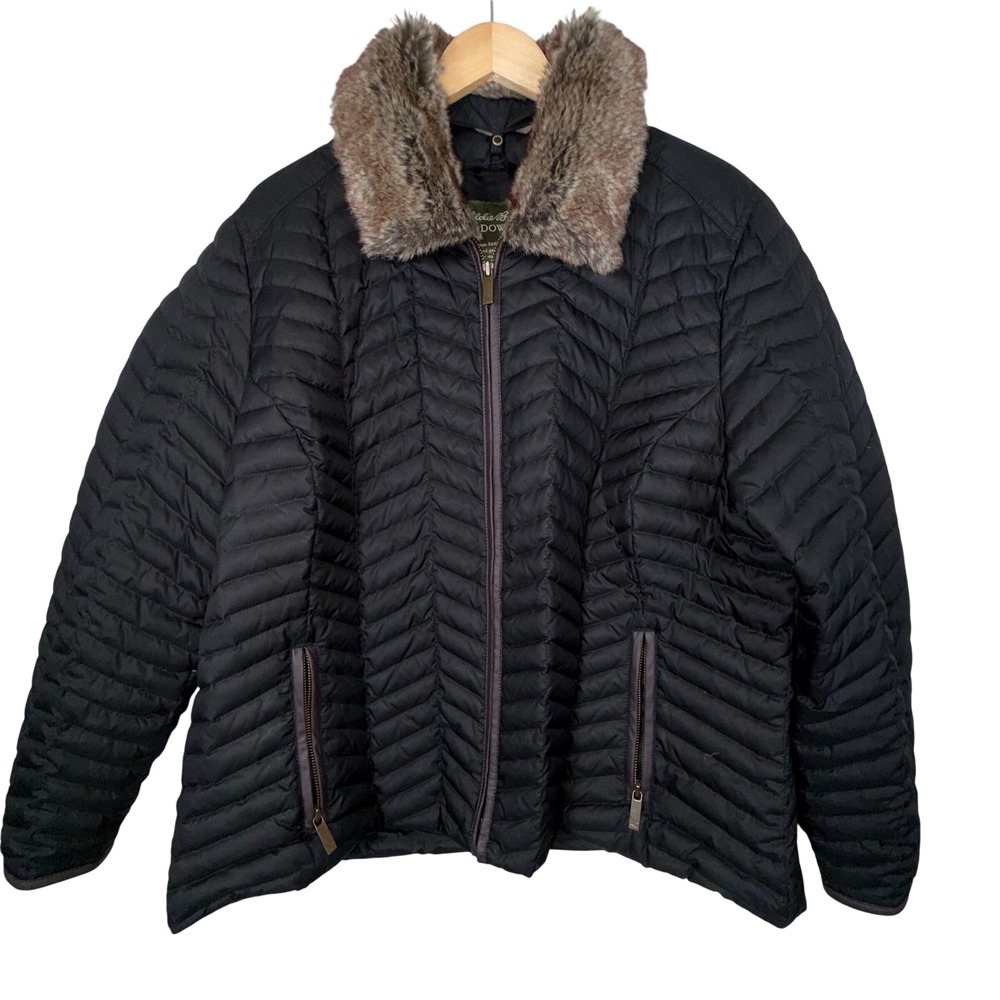 Eddie Bauer Goose‎ Down Quilted Coat Women's XL* Faux Fur Detach Collar Chores